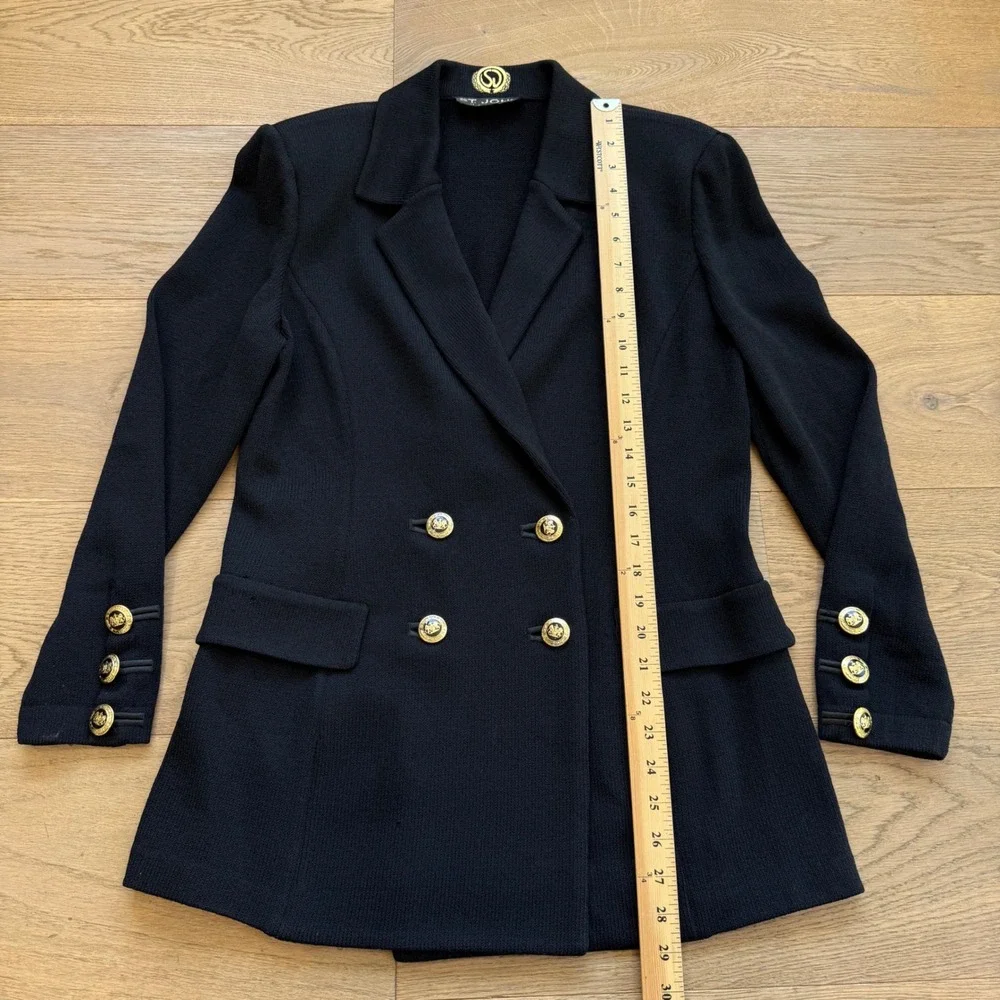 St. John Basics Black Santana Knit Double Breasted Gold Crest Button Blazer 6